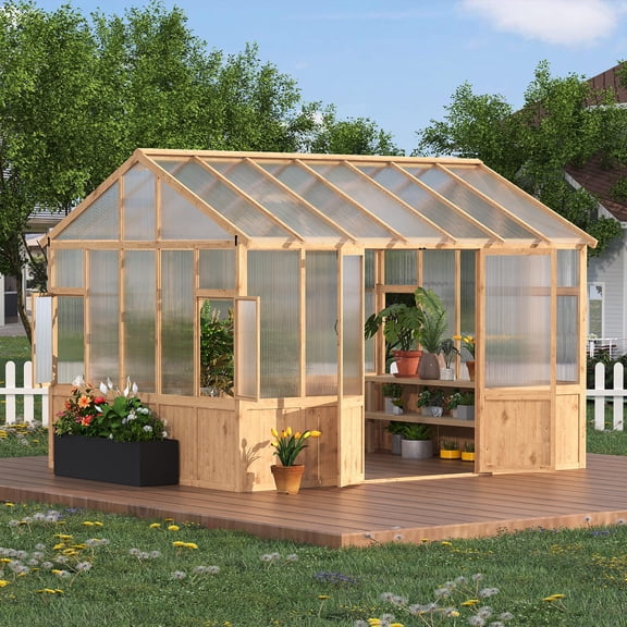 Ataujin Wooden Greenhouse, 10X12 FT Wooden Walk-in Greenhouse, Heavy Duty Outdoor Green House with 6mm Polycarbonate, Ventilated Window & Lockable Door for Lawn, Backyard, Patio