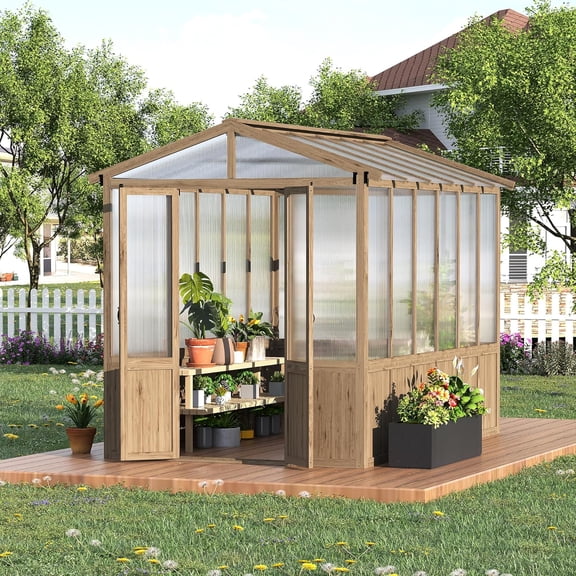 Ataujin Wooden Greenhouses 8X10FT Cedar Frame Wooden Greenhouse Kit. Outdoor Walk-in Greenhouse with Roof Vent, Wood & Polycarbonate Construction with 6MM Thick Polycarbonate Panel