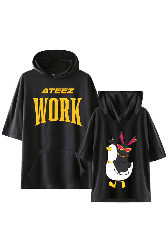 Ateez Merch Work Single Logo T-shirt with Hooded Kpop Cool Casual Short Sleeve Tee Top for Women and Men Summer Wear