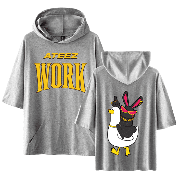 Ateez Merch Work Single Logo T-shirt with Hooded Kpop Cool Casual Short Sleeve Tee Top for Women and Men Summer Wear