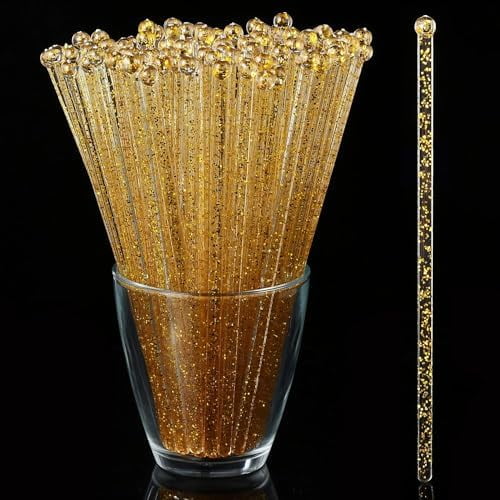 Atefa 50 Counts Gold Glitter Plastic Swizzle Sticks, Crystal Cake Pops, Cocktail Coffee Drink Stirrers, 7.24 Inch