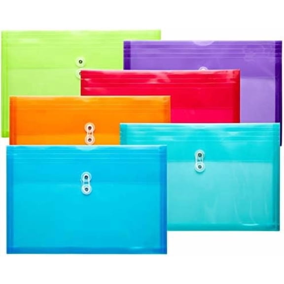 Atefa Plastic Legal Size Envelopes with String Tie Closure, 1-1/4" Expansion, Side Load, Clear File Folders Poly Project Paper Documents Organizer for Office School Home (Assorted Colors - 6 P)