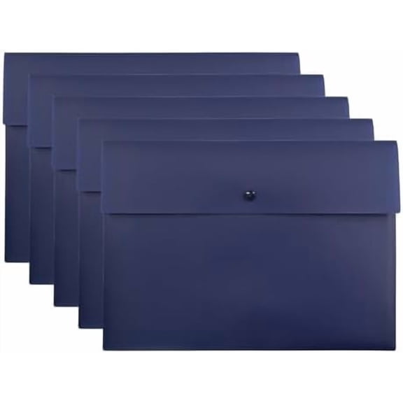 Atefa Poly File Folder Pockets File Jacket Plastic Envelope Flat Document Letter Organizer with Snap Button Closure A4 Letter Size (Pack of 5, Navy Blue)