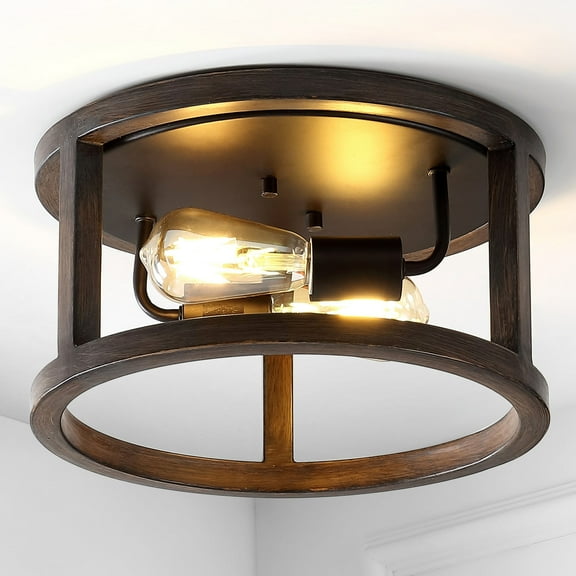 JONATHAN Y Atelier 12.75" 2-Light Iron Rustic Industrial LED Flush Mount, Brown, JYL7516A