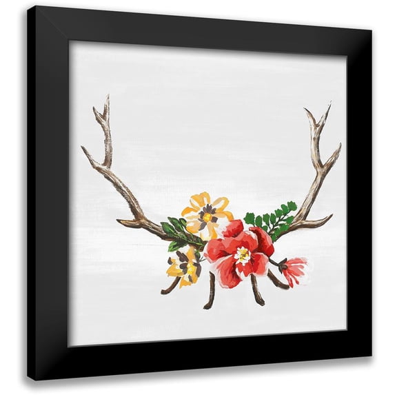 Atelier B Art Studio 12x12 Black Modern Framed Museum Art Print Titled - DEER HORNS WITH FLOWERS