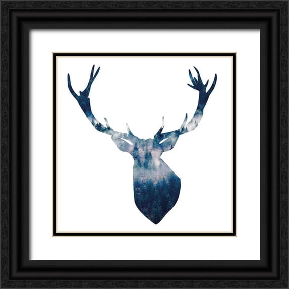 Atelier B Art Studio 12x12 Black Ornate Wood Framed with Double Matting Museum Art Print Titled - DEER HEAD LANDSCAPE