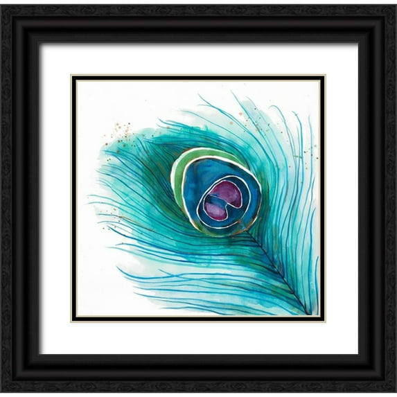 Atelier B Art Studio 12x12 Black Ornate Wood Framed with Double Matting Museum Art Print Titled - Peacock Feather Closeup