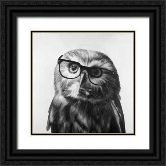 Atelier B Art Studio 12x12 Black Ornate Wood Framed with Double Matting Museum Art Print Titled - Realistic Northern Saw-whet Owl with Glasses