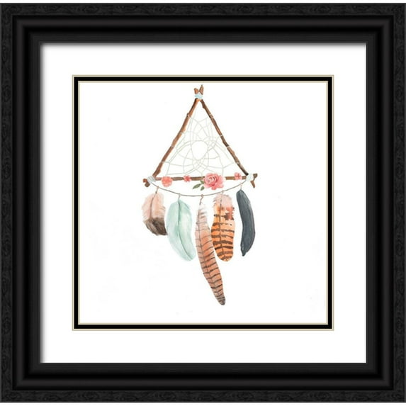 Atelier B Art Studio 12x12 Black Ornate Wood Framed with Double Matting Museum Art Print Titled - TRIANGULAR DREAM CATCHER WITH ROSES AND FEATHERS