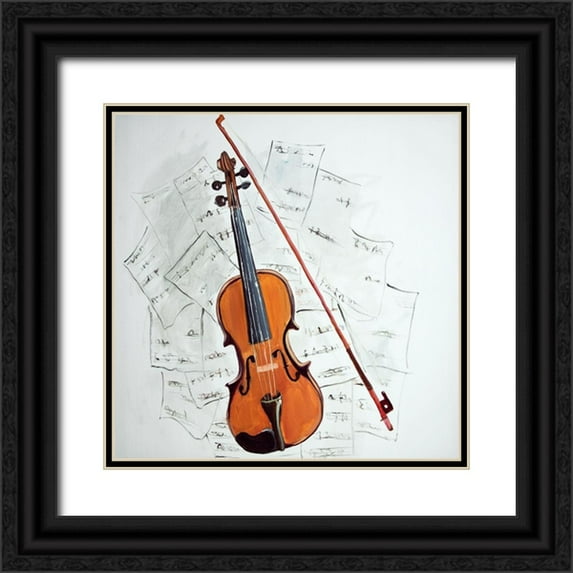 Atelier B Art Studio 12x12 Black Ornate Wood Framed with Double Matting Museum Art Print Titled - VIOLIN ON MUSIC SHEET