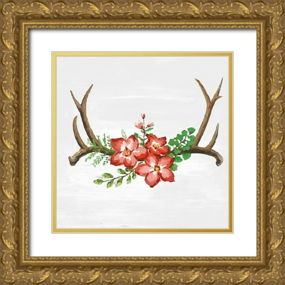 Atelier B Art Studio 12x12 Gold Ornate Wood Framed with Double Matting Museum Art Print Titled - DEER HORNS AND PINK FLOWERS