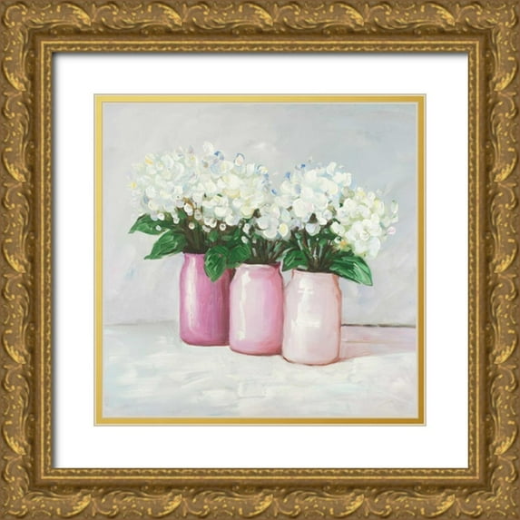Atelier B Art Studio 12x12 Gold Ornate Wood Framed with Double Matting Museum Art Print Titled - Hydrangea Flowers in Pink Vases