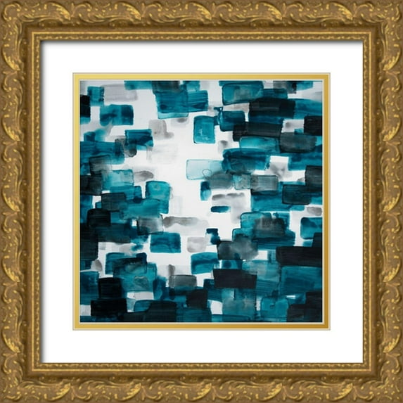 Atelier B Art Studio 12x12 Gold Ornate Wood Framed with Double Matting Museum Art Print Titled - TURQUOISE AND GRAY SHAPES
