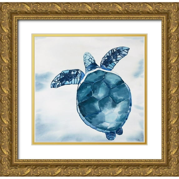 Atelier B Art Studio 12x12 Gold Ornate Wood Framed with Double Matting Museum Art Print Titled - Watercolor Swimming Turtle