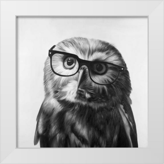 Atelier B Art Studio 12x12 White Modern Wood Framed Museum Art Print Titled - Realistic Northern Saw-whet Owl with Glasses