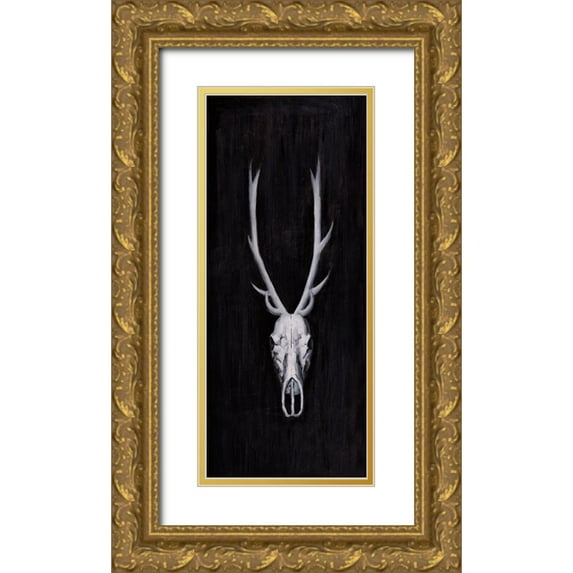 Atelier B Art Studio 12x24 Gold Ornate Wood Framed with Double Matting Museum Art Print Titled - DEER SKULL ON BLACK BACKGROUND