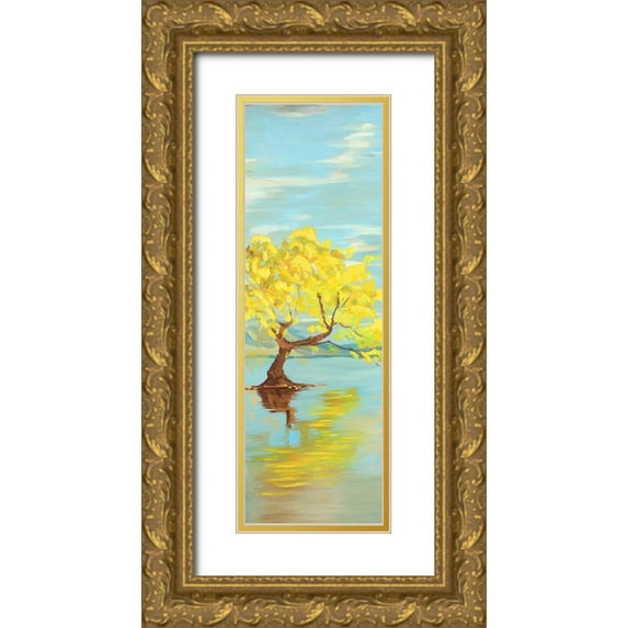 Atelier B Art Studio 13x32 Gold Ornate Wood Framed with Double Matting Museum Art Print Titled - Spring Lanscape with a Tree in a Lake