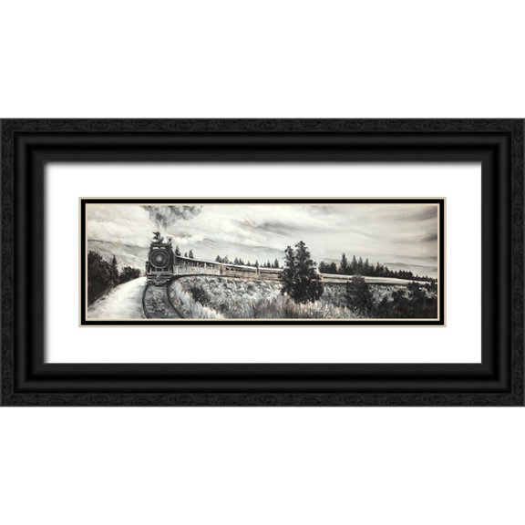 Atelier B Art Studio 14x7 Black Ornate Wood Framed with Double Matting Museum Art Print Titled - Steam Engine Train