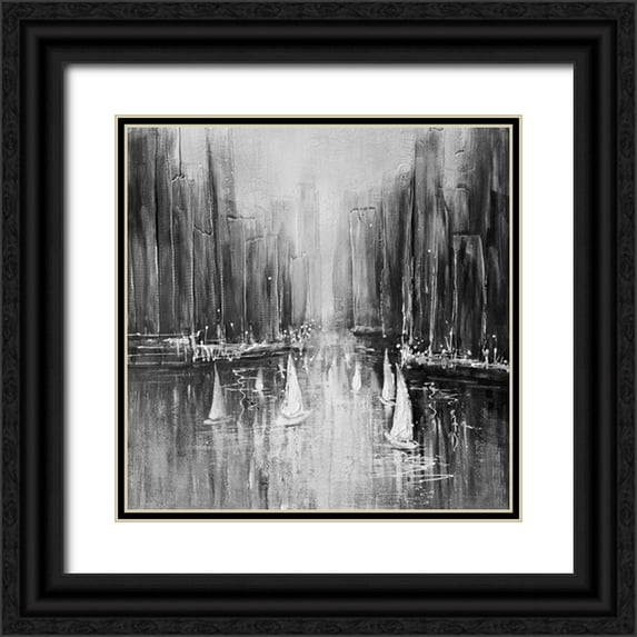 Atelier B Art Studio 15x15 Black Ornate Wood Framed with Double Matting Museum Art Print Titled - Grayscale boats on the water