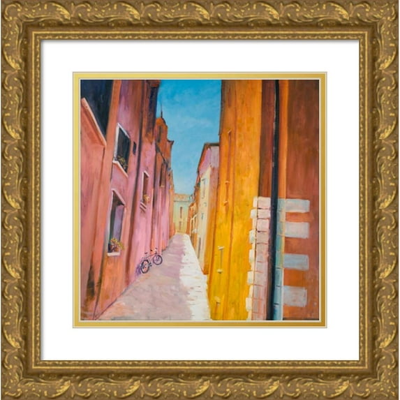 Atelier B Art Studio 15x15 Gold Ornate Wood Framed with Double Matting Museum Art Print Titled - Colorful Houses on the Streets of Collioure