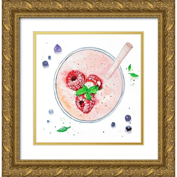 Atelier B Art Studio 15x15 Gold Ornate Wood Framed with Double Matting Museum Art Print Titled - STRAWBERRY and RASPBERRY SMOOTHIE