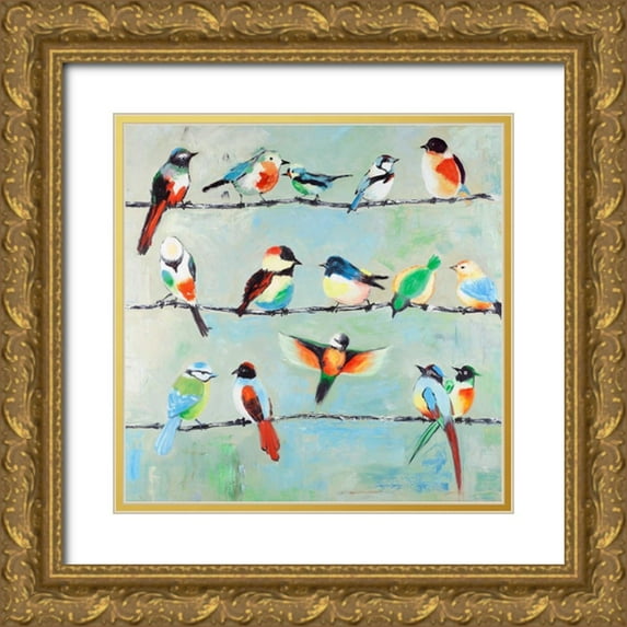 Atelier B Art Studio 15x15 Gold Ornate Wood Framed with Double Matting Museum Art Print Titled - Small Abstract Colorful Birds