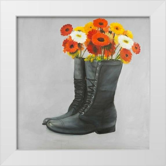 Atelier B Art Studio 15x15 White Modern Wood Framed Museum Art Print Titled - Boots with Daisy Flowers