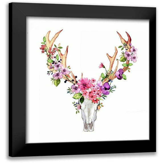 Atelier B Art Studio 20x20 Black Modern Framed Museum Art Print Titled - Deer Skull with Flowers