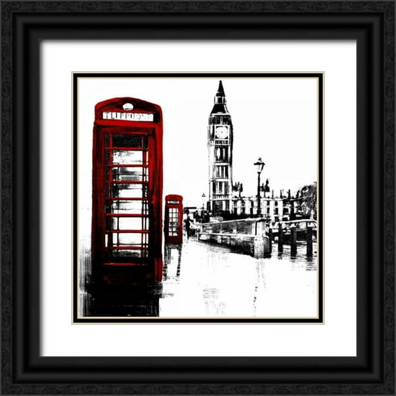 Atelier B Art Studio 20x20 Black Ornate Wood Framed with Double Matting Museum Art Print Titled - Telephone Box and Big Ben of London