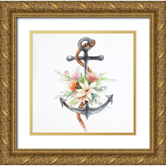 Atelier B Art Studio 20x20 Gold Ornate Wood Framed with Double Matting Museum Art Print Titled - ANCHOR WITH FLOWERS