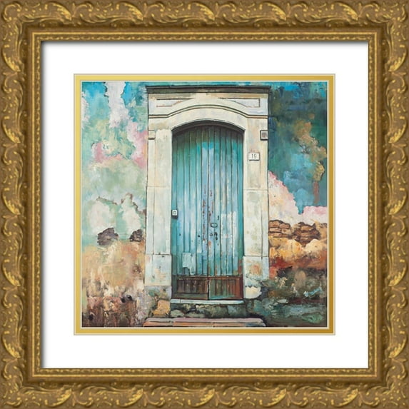 Atelier B Art Studio 20x20 Gold Ornate Wood Framed with Double Matting Museum Art Print Titled - BLUE DOOR OF AN OLD BUILDING