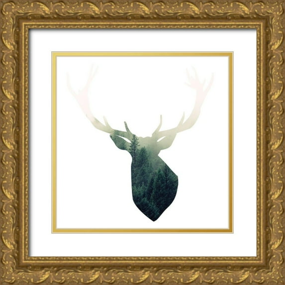 Atelier B Art Studio 20x20 Gold Ornate Wood Framed with Double Matting Museum Art Print Titled - DEER HEAD WITH GREEN LANDSCAPE SHAPE