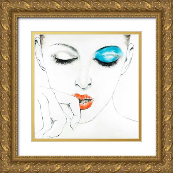 Atelier B Art Studio 20x20 Gold Ornate Wood Framed with Double Matting Museum Art Print Titled - Outline of Female Portrait in Blue