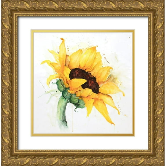 Atelier B Art Studio 20x20 Gold Ornate Wood Framed with Double Matting Museum Art Print Titled - WATERCOLOR SUNFLOWER WITH PAINT SPLASH