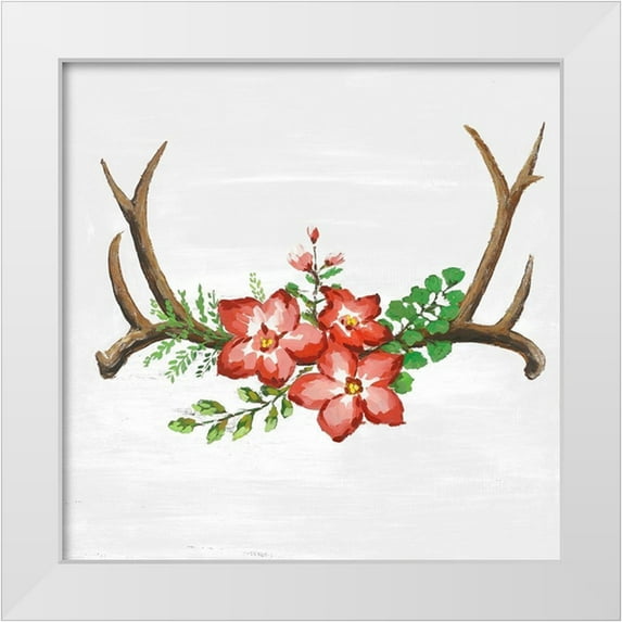Atelier B Art Studio 20x20 White Modern Wood Framed Museum Art Print Titled - DEER HORNS AND PINK FLOWERS