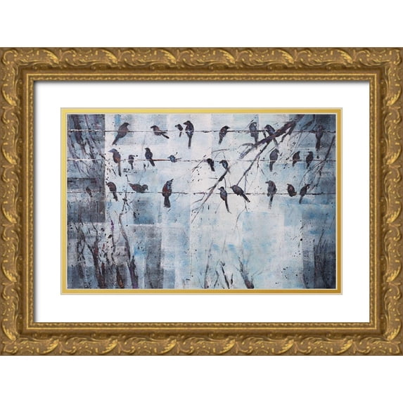 Atelier B Art Studio 24x17 Gold Ornate Wood Framed with Double Matting Museum Art Print Titled - ABSTRACT BIRDS ON ELECTRIC WIRE