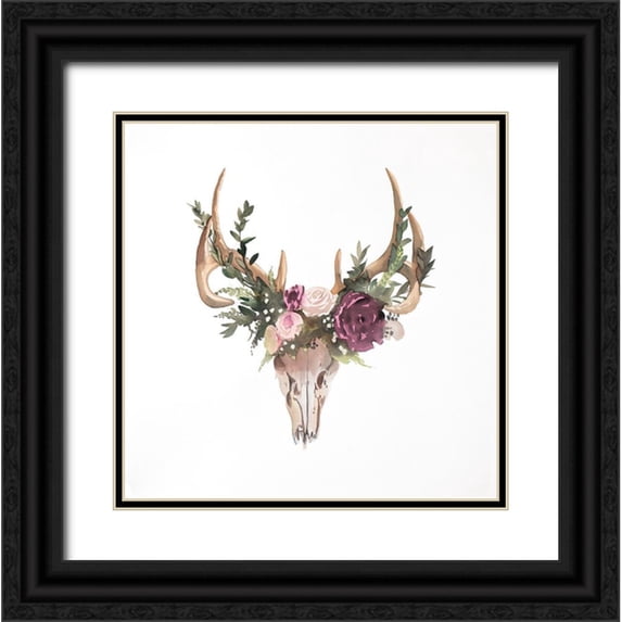 Atelier B Art Studio 26x26 Black Ornate Wood Framed with Double Matting Museum Art Print Titled - Deer Skull with Flowers