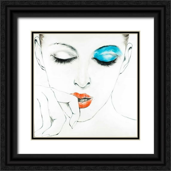 Atelier B Art Studio 26x26 Black Ornate Wood Framed with Double Matting Museum Art Print Titled - Outline of Female Portrait in Blue