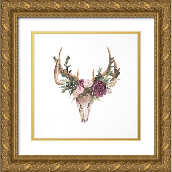 Atelier B Art Studio 26x26 Gold Ornate Wood Framed with Double Matting Museum Art Print Titled - Deer Skull with Flowers