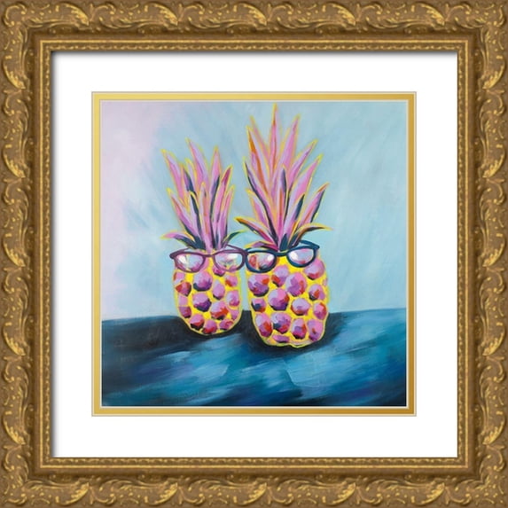 Atelier B Art Studio 26x26 Gold Ornate Wood Framed with Double Matting Museum Art Print Titled - FUNNY PINEAPPLES WITH SUNGLASSES