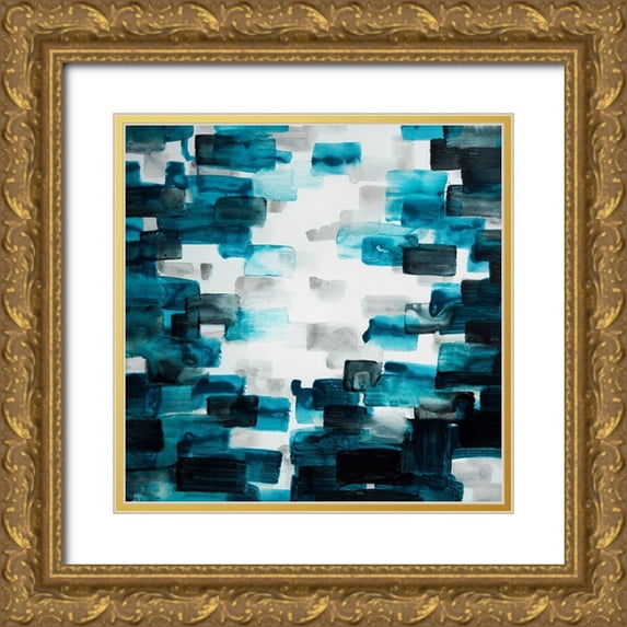 Atelier B Art Studio 26x26 Gold Ornate Wood Framed with Double Matting Museum Art Print Titled - TURQUOISE AND GRAY SQUARES