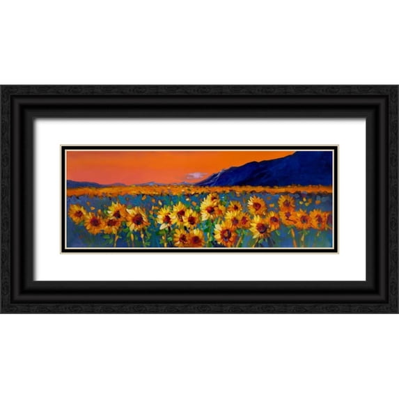 Atelier B Art Studio 32x14 Black Ornate Wood Framed with Double Matting Museum Art Print Titled - Sunflower Fields