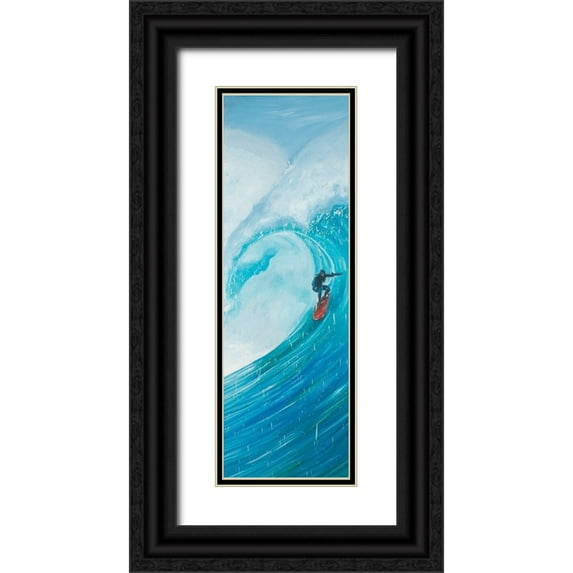 Atelier B Art Studio 9x18 Black Ornate Wood Framed with Double Matting Museum Art Print Titled - SURFER ON A BIG WAVE