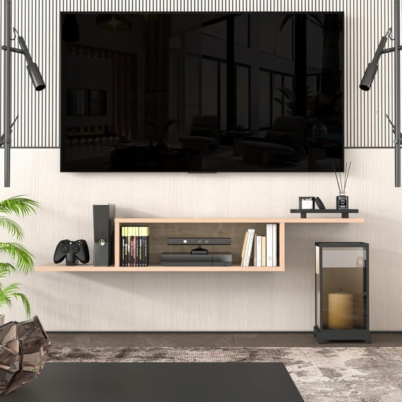 Atelier Mobili Floating TV Stand for Up to 65 Inch TVs Wall Mounted Floating Shelf for Under TV, Entryway Organizer & Bedroom Vanity Multi-Purpose Storage & Display Console (Oak, 57INCH)