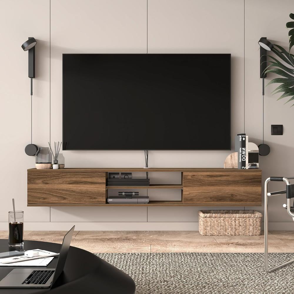 Walnut Wall Mounted Floating TV Stand with Cabinet