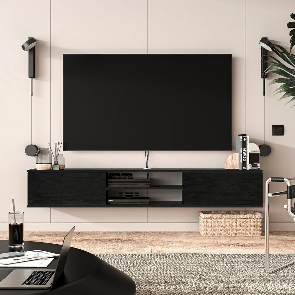 Black Wood 70-Inch Floating Corner TV Stand