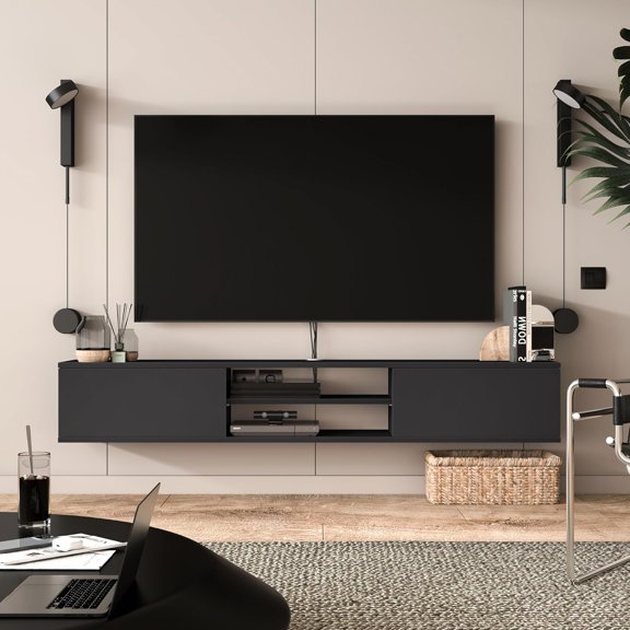 Atelier Mobili Floating TV Stand 70 Inch, Wall Mounted Media Console, Modern Gray TV Stand for 80 Inch TVs with Storage and Cable Management, Floating Entertainment Center