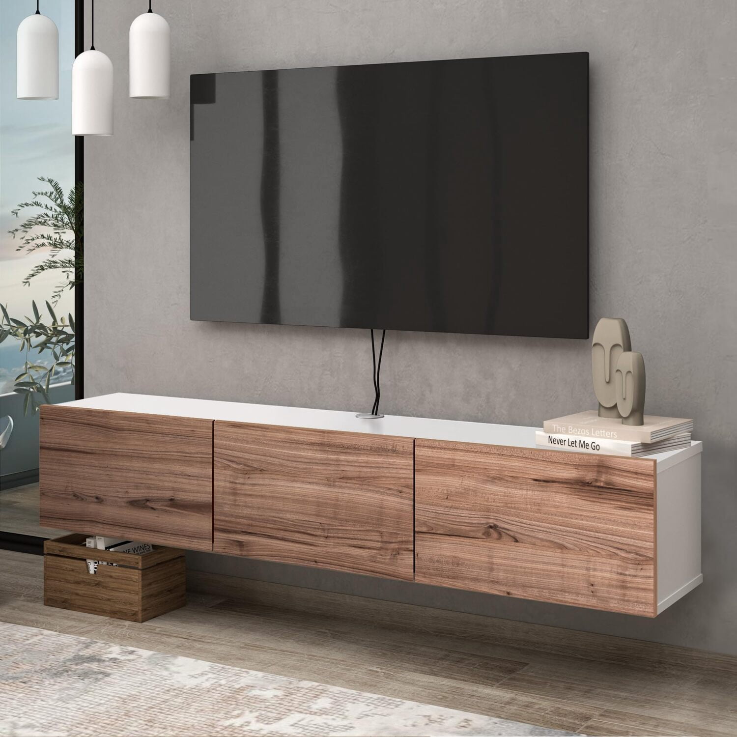 Atelier Mobili Floating TV Stand, TV Stand up to 75 inch TV, Floating TV Stand Wall Mounted, Floating Entertainment Center, TV Stands for Living Room-Color:Glossy White & Country Oak