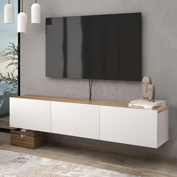 Atelier Mobili Floating TV Stand - Wall Mounted, Supports up to 80 inch TV, Modern White Entertainment Center for Living Room, White Floating TV Stand with Oak Counter Design