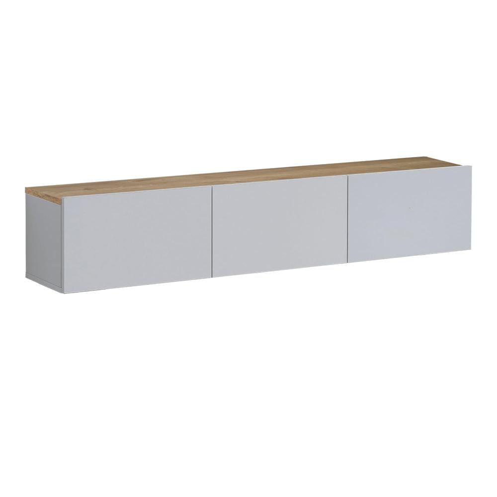 Modern White and Oak Floating TV Stand with Cabinet